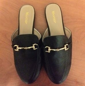 Black/gold faux leather slip on mules